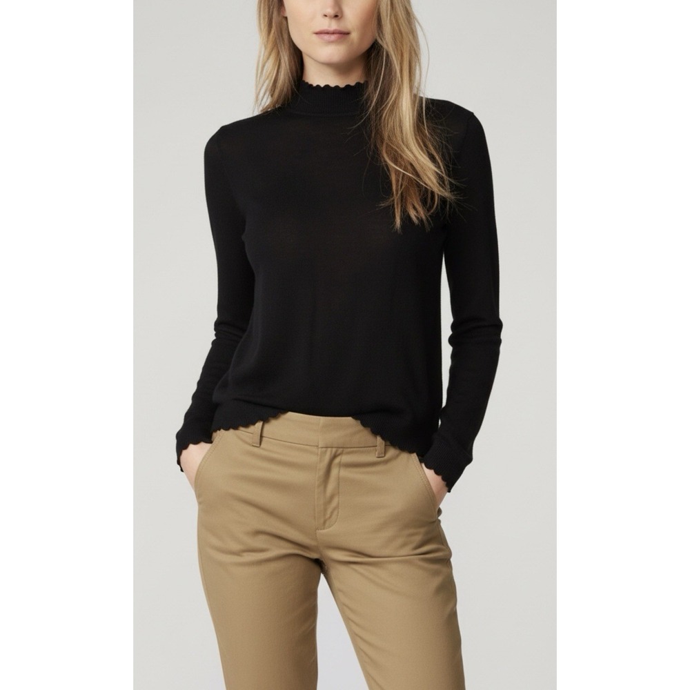 NWT Club Monaco Wool Silk Cashmere Black Lettuce Edge Mock Neck Sweater M Staple